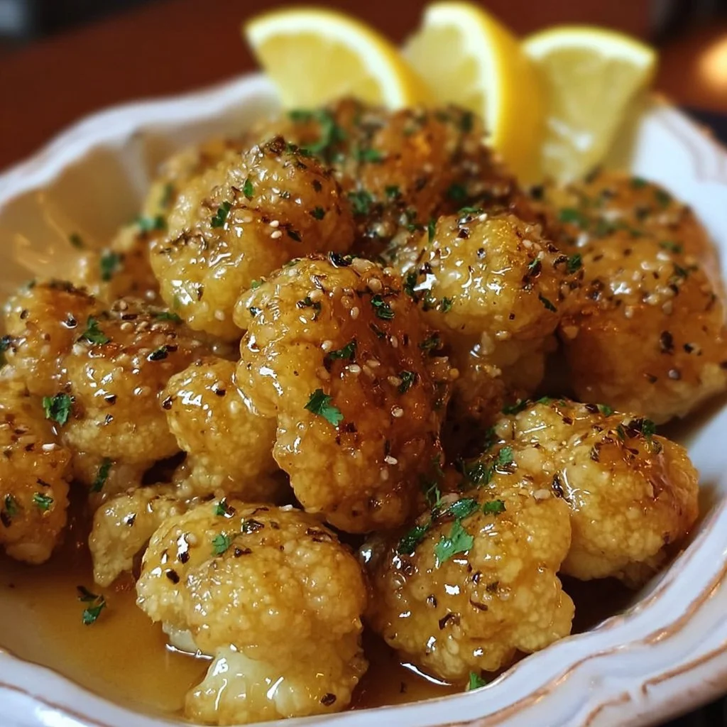 Vegan lemon pepper glazed cauliflower dish served on a plate