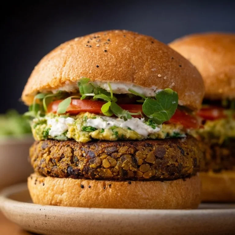 Homemade vegan lentil burgers served with fresh vegetables