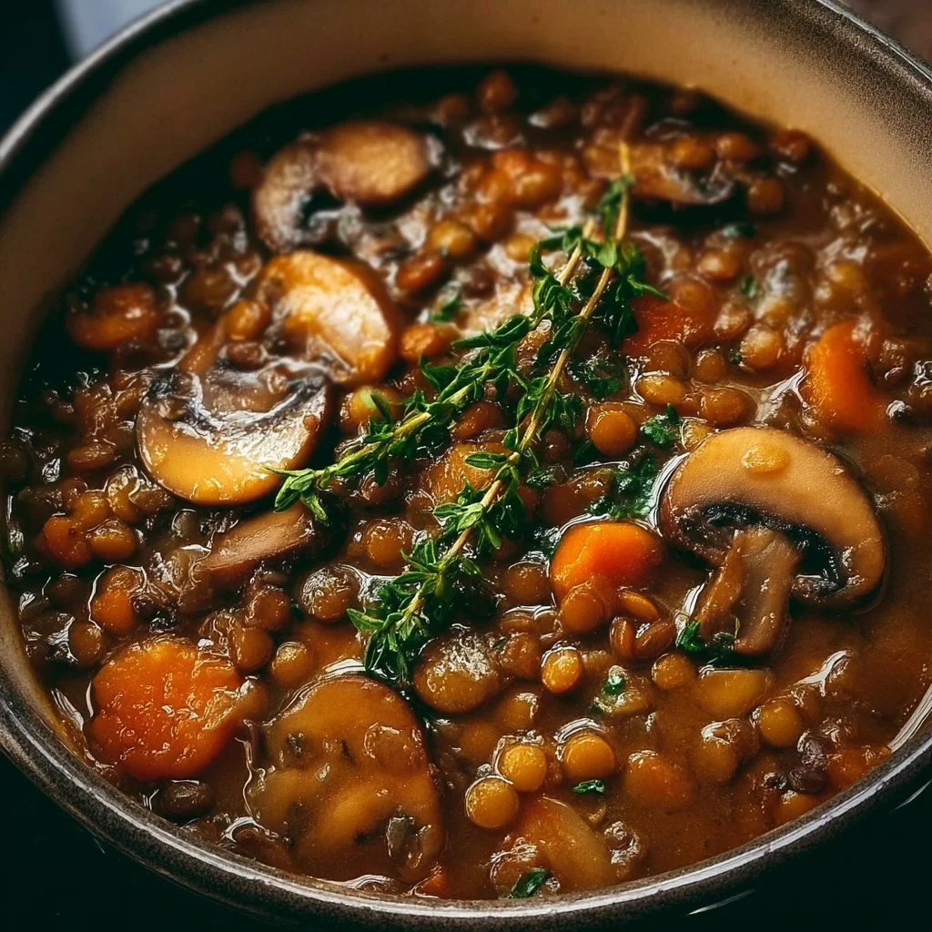 Bowl of Vegan Lentil Mushroom Stew topped with fresh herbs and vegetables.