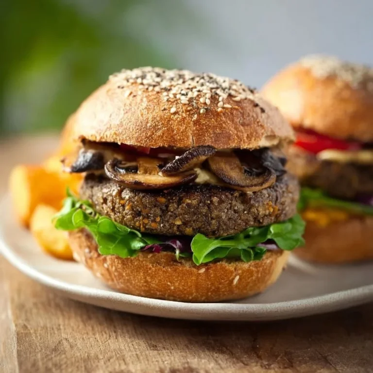 Delicious vegan mushroom burger with fresh toppings on a wooden table