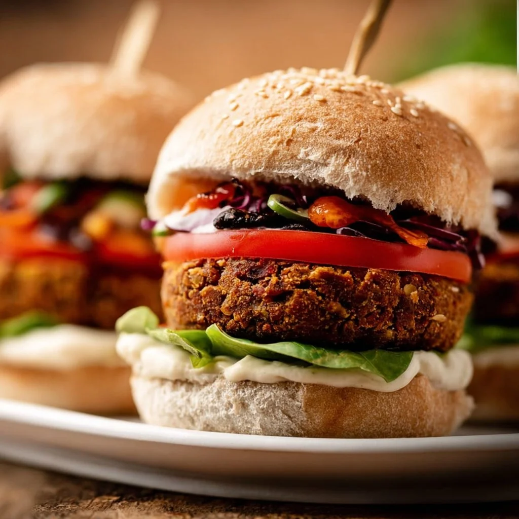 Vegan mushroom lentil veggie burgers served with fresh toppings
