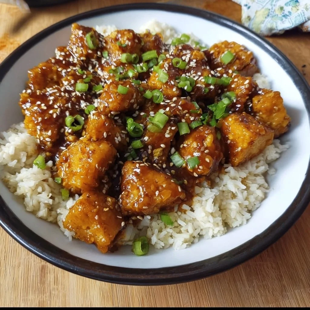 Delicious Vegan Orange Chicken made with tofu served on a plate.