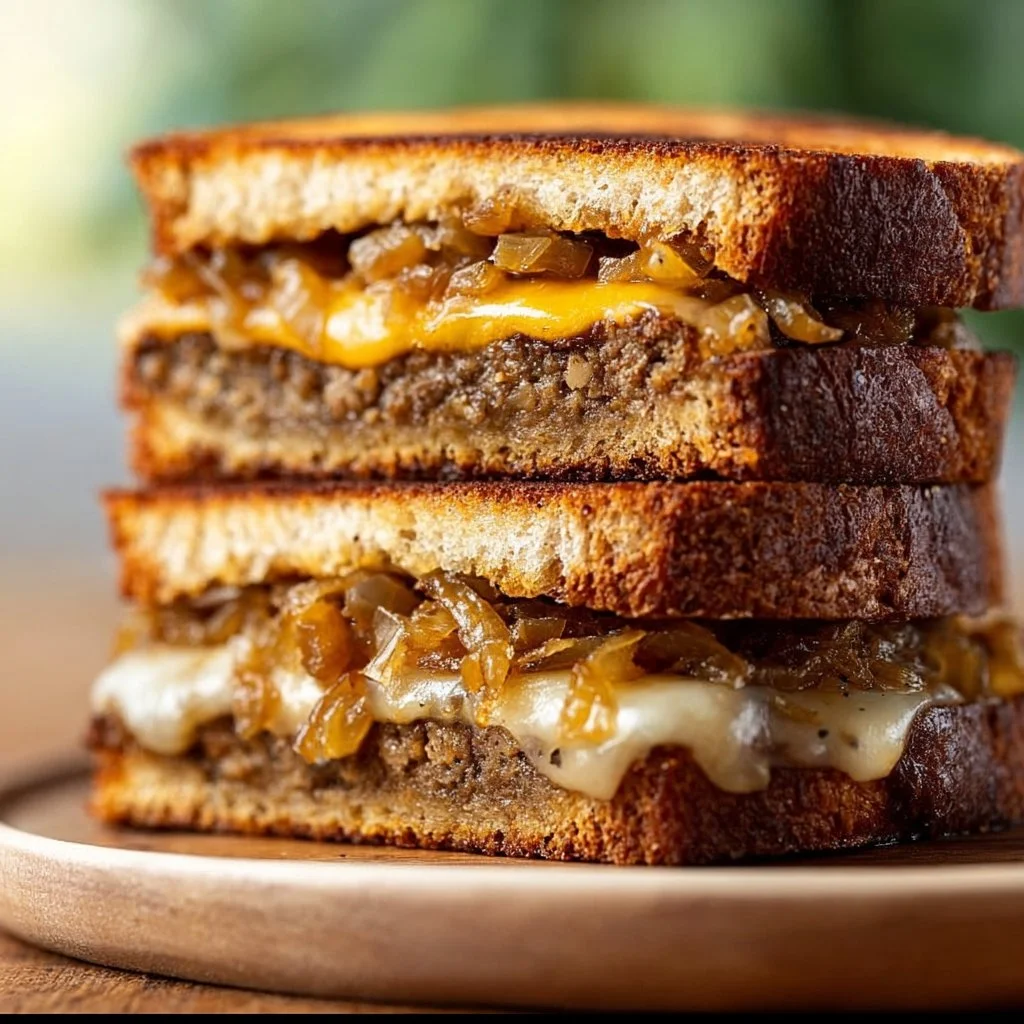 Vegan patty melts with caramelized onion and Dijon on a plate