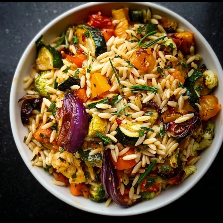 Bowl of Vegan Roasted Veggie Orzo Salad with colorful vegetables and dressing