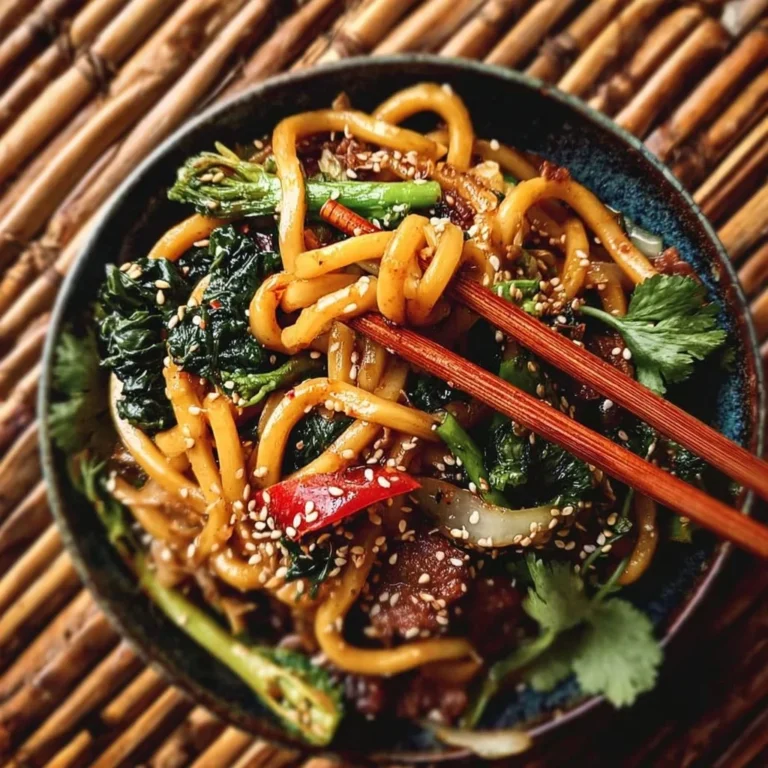 Delicious Vegan Sesame Grilled Udon Noodles served in a bowl