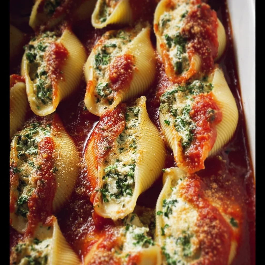 Plate of Vegan Stuffed Shells filled with spinach and tofu ricotta
