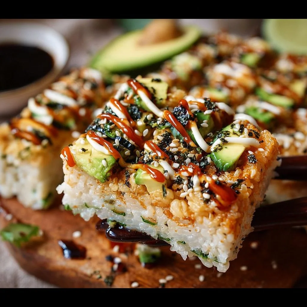 Baked vegan sushi with vegetables and rice in a serving dish.