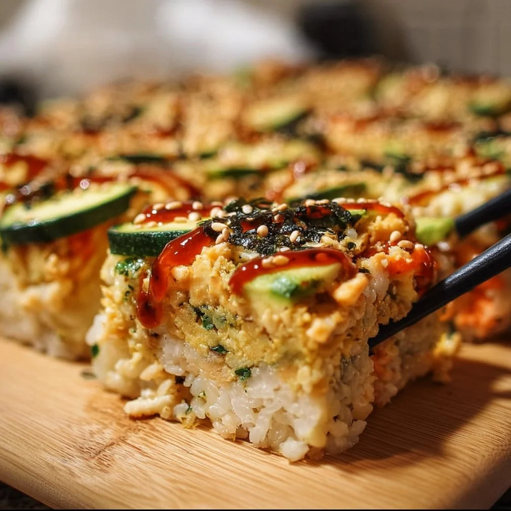 Close-up of a Vegan Sushi Bake dish with colorful toppings.