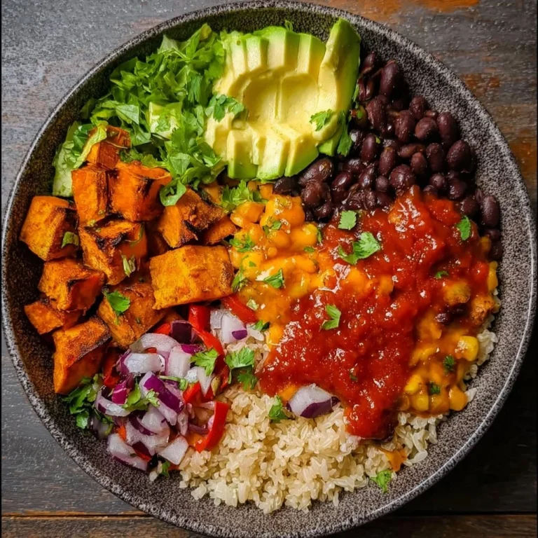 Colorful vegan sweet potato burrito bowl with beans and fresh veggies