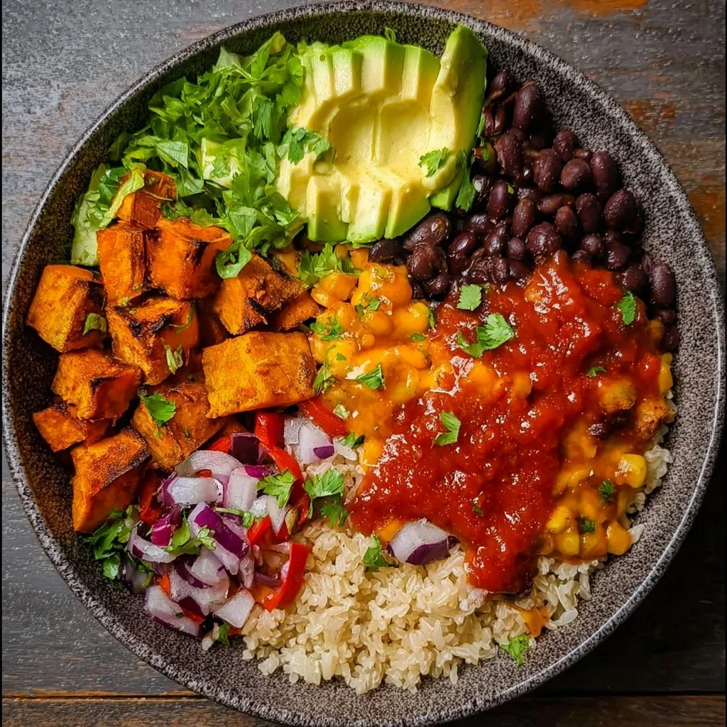 Colorful vegan sweet potato burrito bowl with beans and fresh veggies