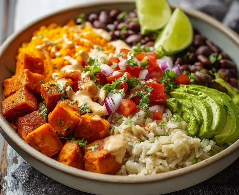 Vegan Sweet Potato Burrito Bowl with colorful vegetables and quinoa