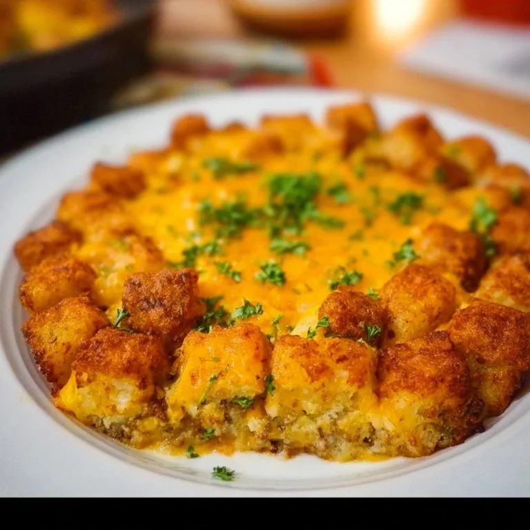 Vegan Tater Tot Breakfast Casserole topped with fresh herbs and colorful veggies