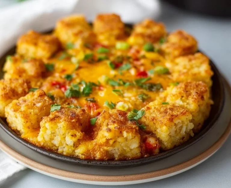 Vegan Tater Tot Breakfast Casserole topped with veggies and herbs