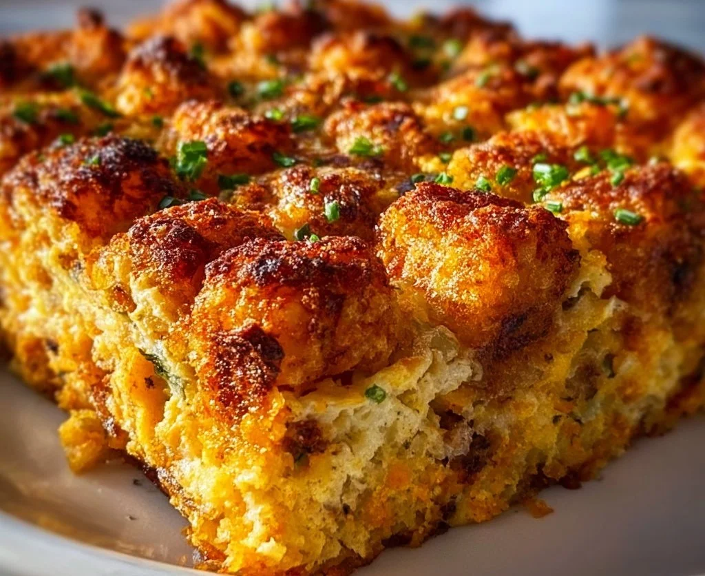 Vegan Tater Tot Casserole topped with greens served on a white plate