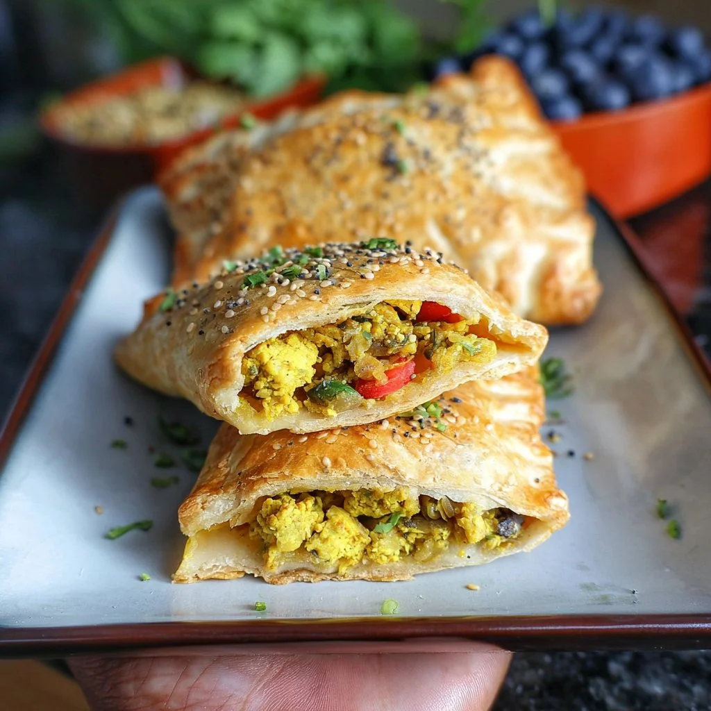 Vegan tofu scramble breakfast pockets filled with colorful vegetables.
