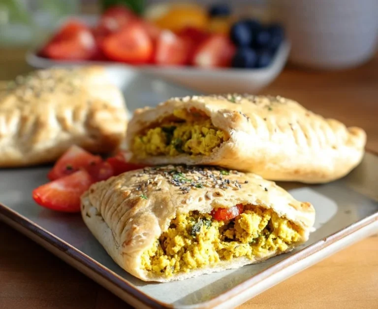 Vegan tofu scramble breakfast pockets filled with colorful vegetables