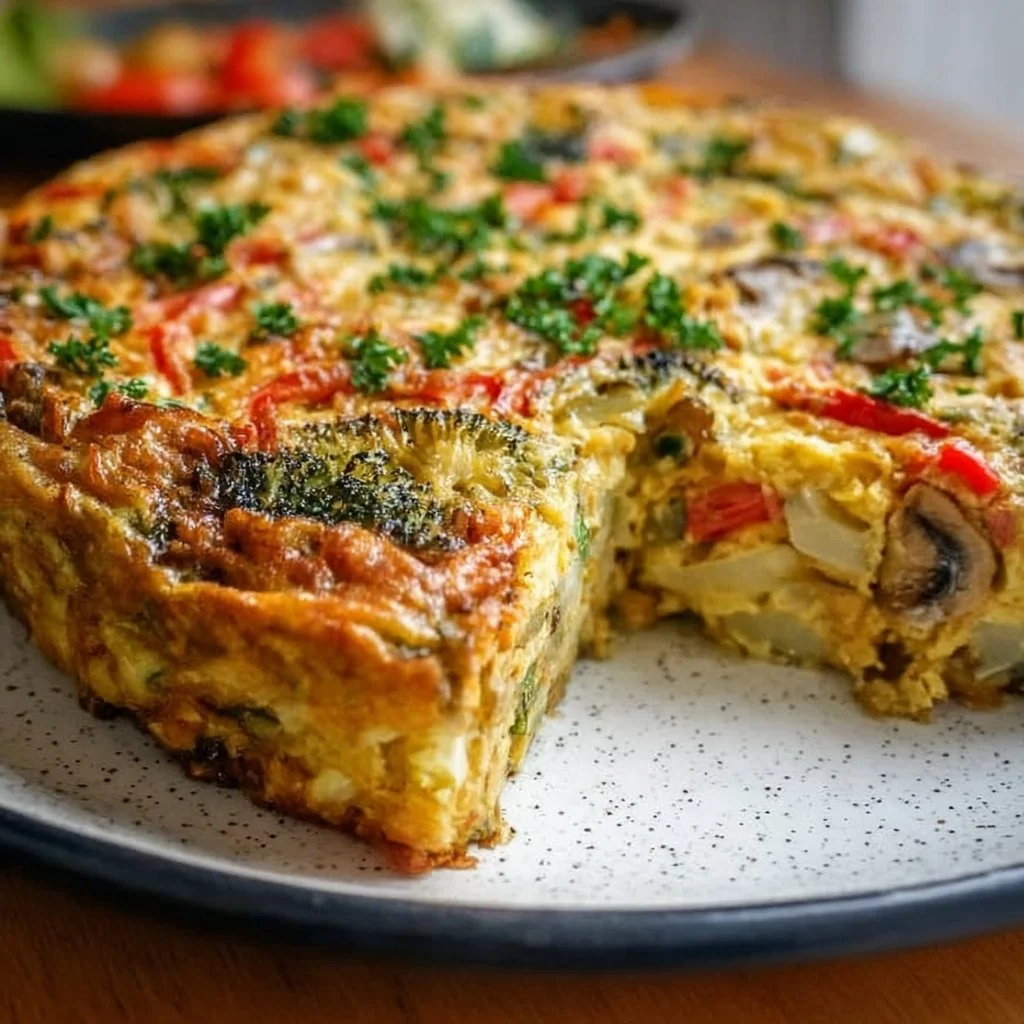 Delicious vegan vegetable frittata topped with herbs and vegetables