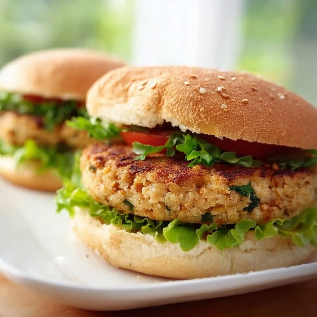 Delicious homemade white bean burgers on a plate with fresh toppings