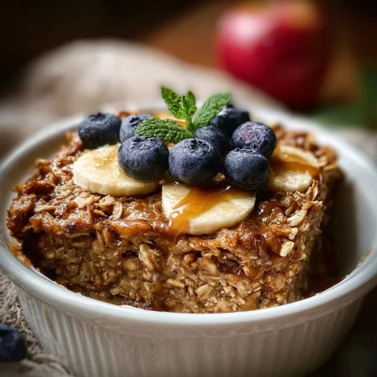 Baked oatmeal with applesauce topped with nuts and fruits, a healthy vegan breakfast.