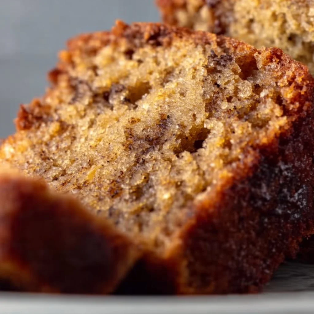 A slice of 5 ingredient vegan banana bread on a wooden table