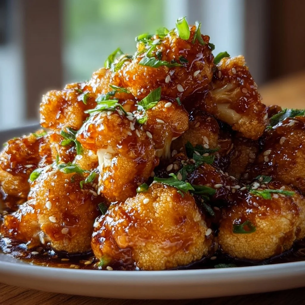 Sticky honey garlic cauliflower dish served on a plate