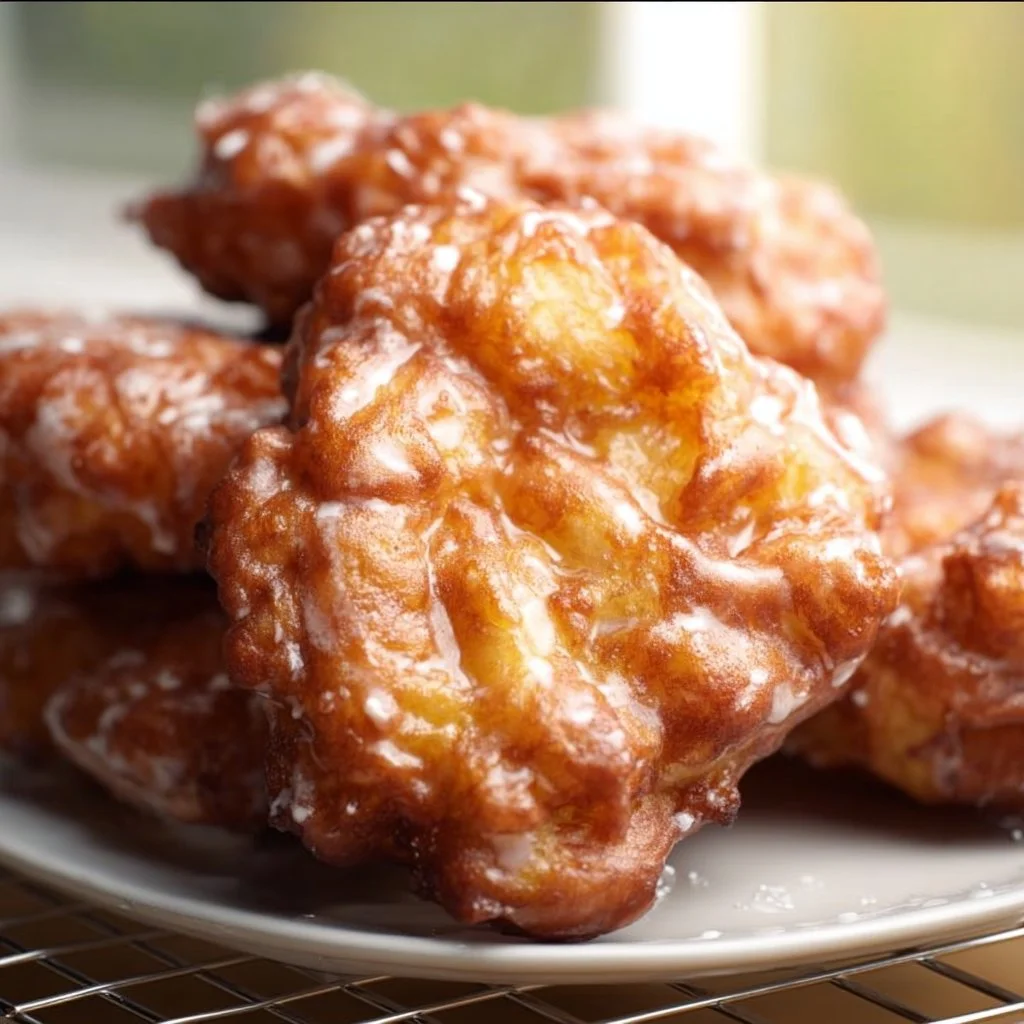 Freshly made apple fritters dusted with powdered sugar on a plate.