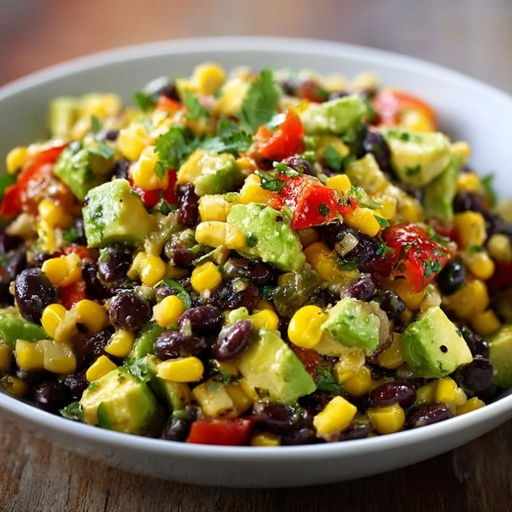 Delicious Avocado Corn and Black Bean Salsa served in a bowl
