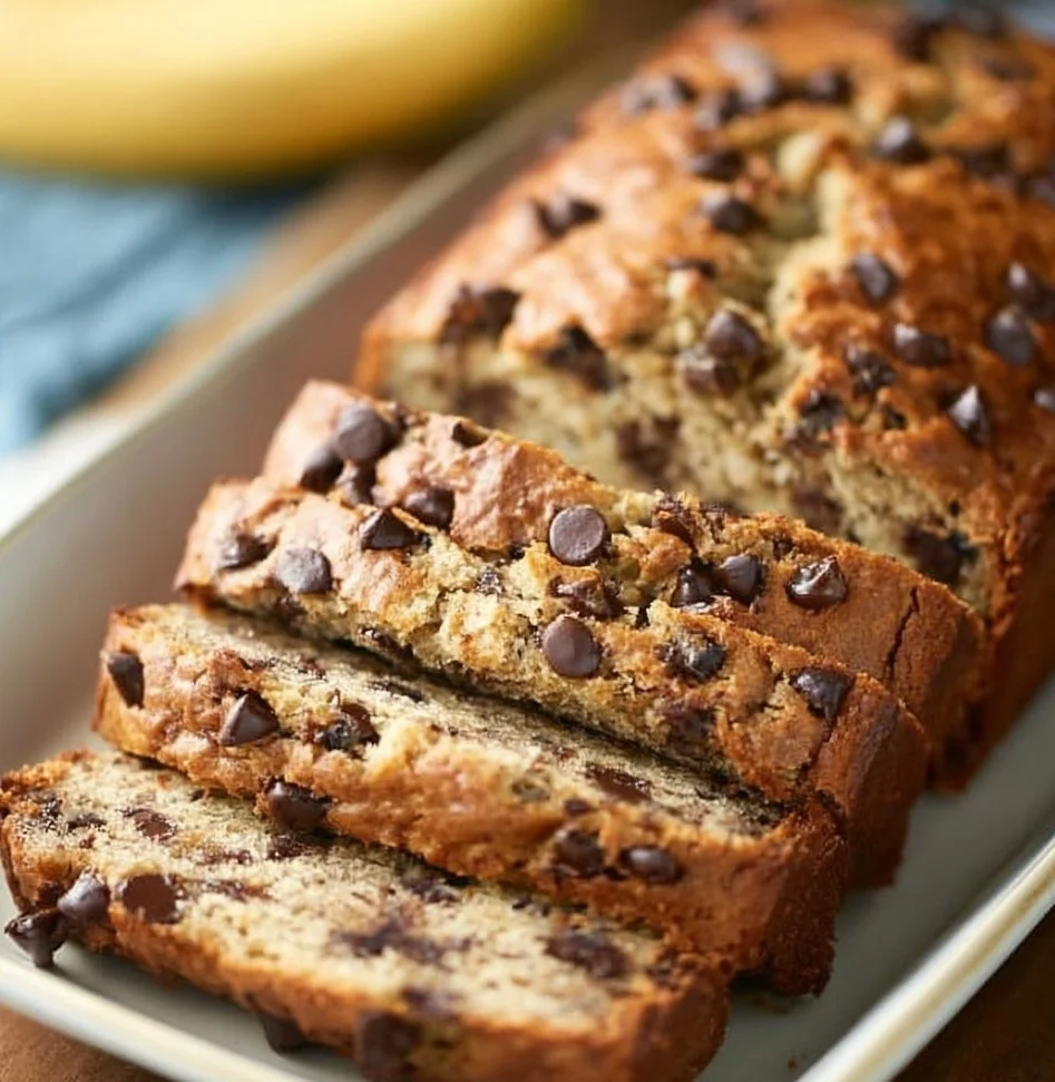 A loaf of banana chocolate chip bread with chocolate chips on top