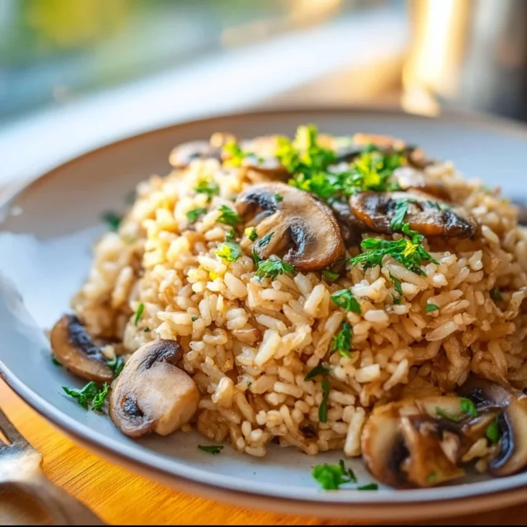 Delicious bowl of BEST Mushroom Rice garnished with herbs