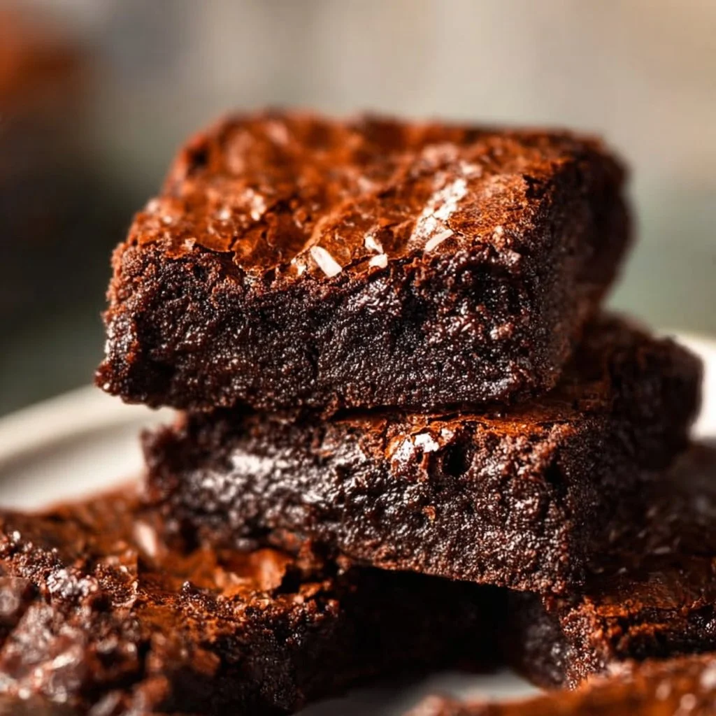 Delicious fudgy vegan brownies with shiny tops on a plate