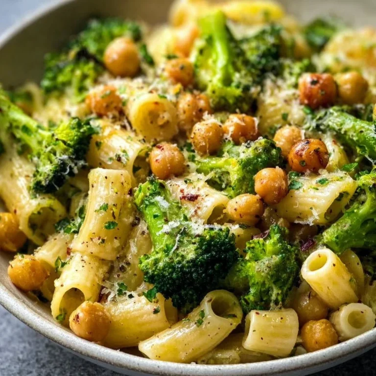 Delicious broccoli chickpea pasta with garlic olive oil served in a bowl