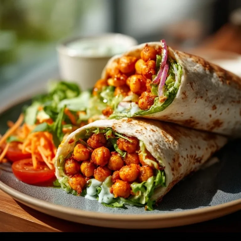 Delicious Buffalo Chickpea Wraps served on a plate with fresh veggies