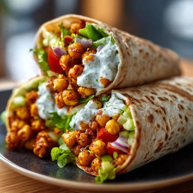 Buffalo Chickpea Wraps drizzled with vegan ranch dressing on a plate