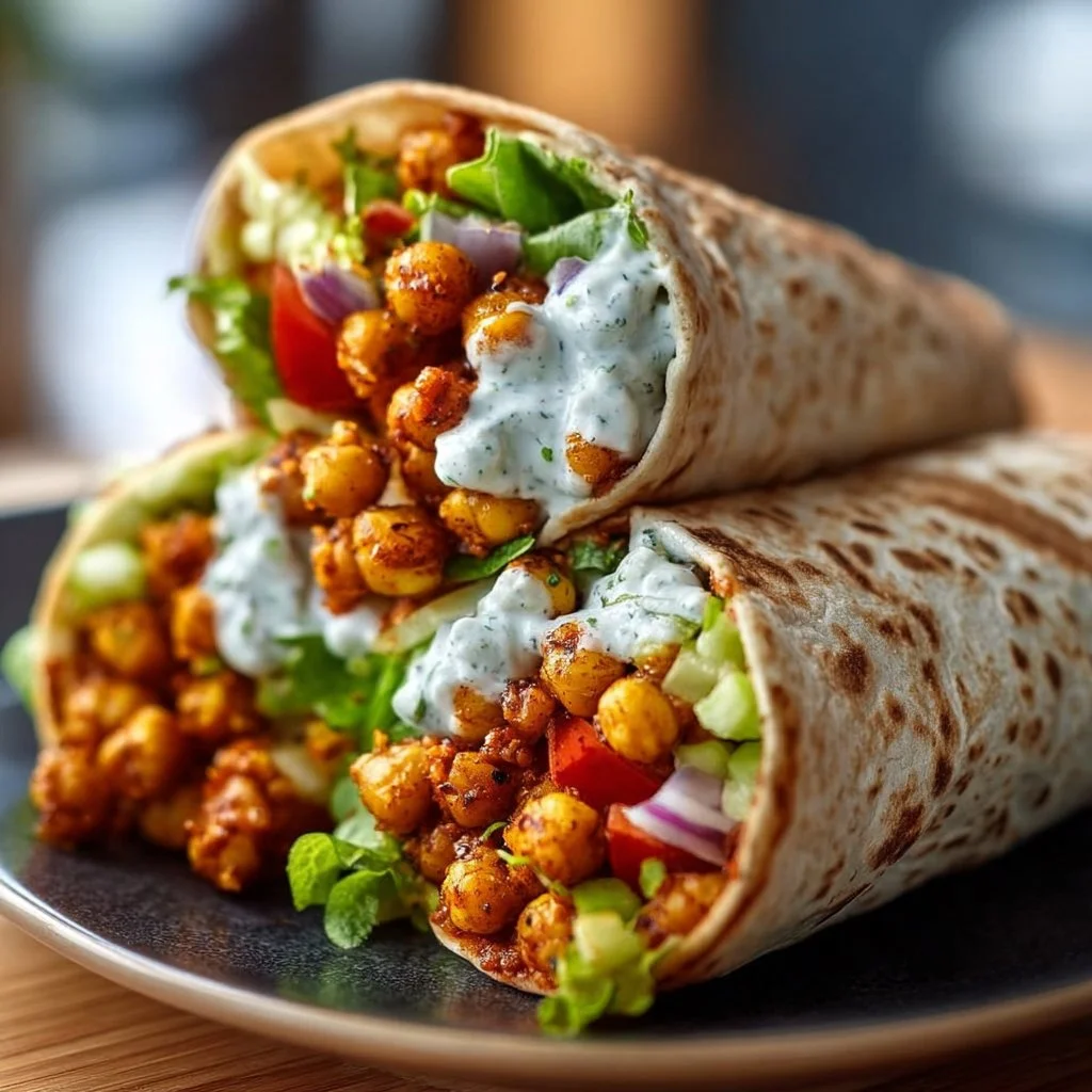 Buffalo Chickpea Wraps drizzled with vegan ranch dressing on a plate
