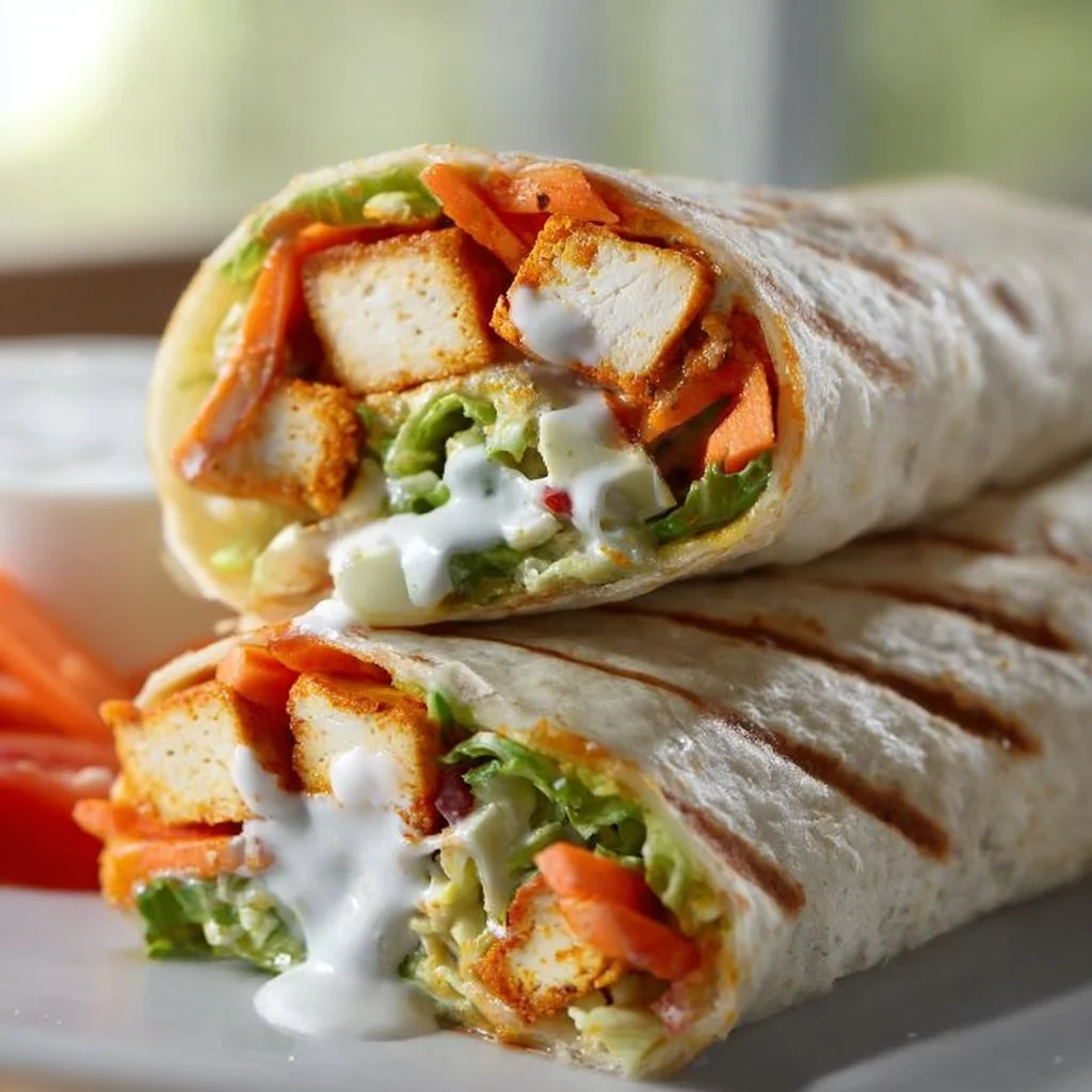 Buffalo Tofu Wrap served with easy vegan ranch dressing