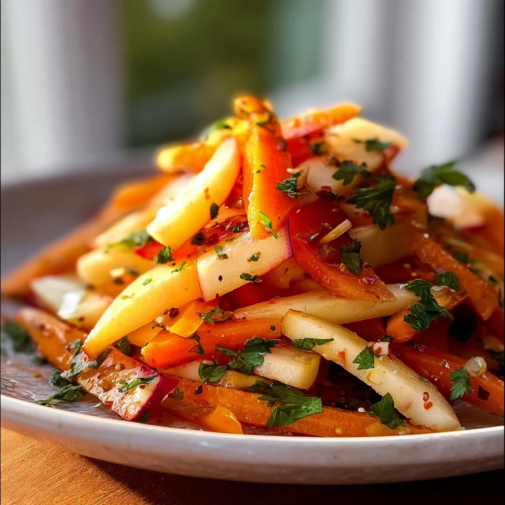 A vibrant Carrot Apple Salad with fresh carrots, apples, and dressing.