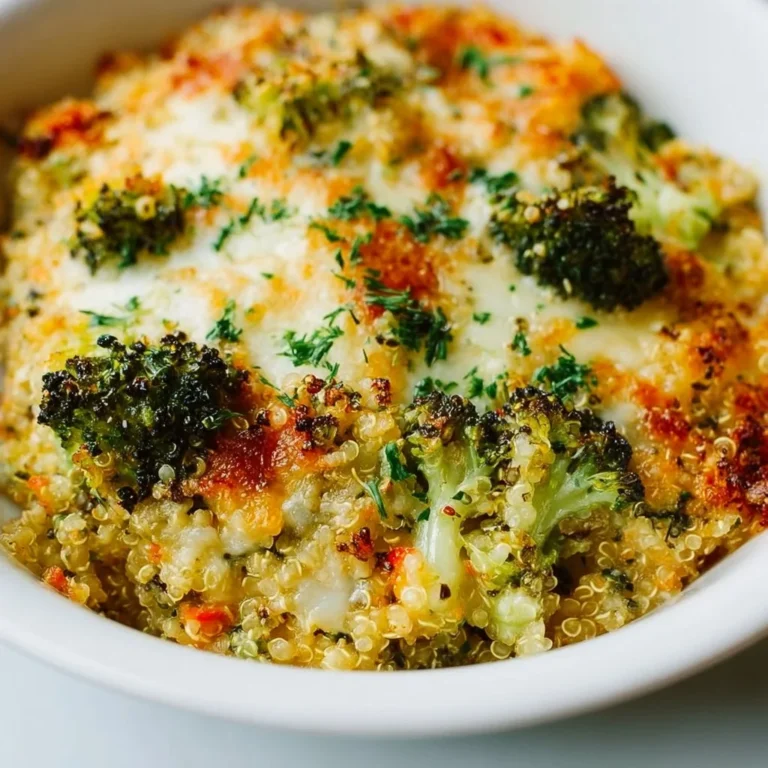 Cheesy Quinoa Broccoli Casserole baked dish topped with cheese