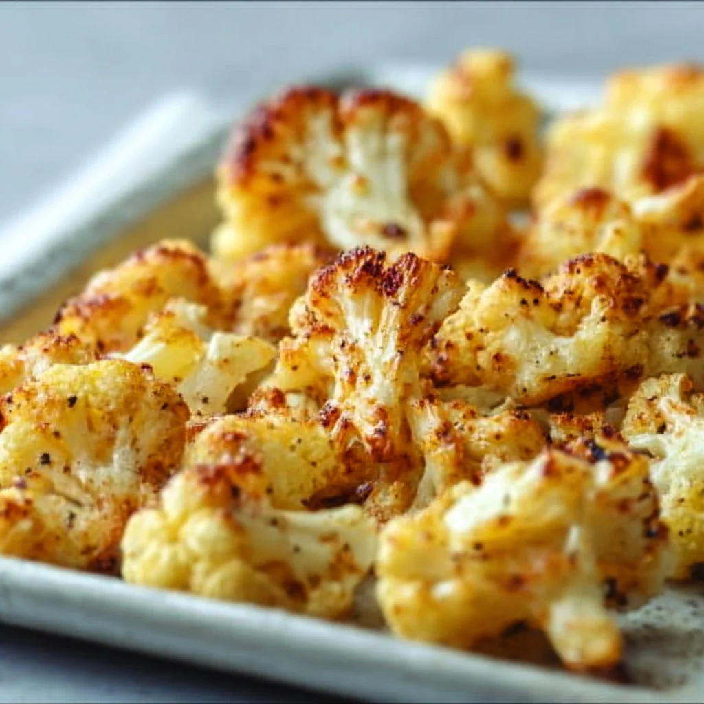 Cheesy vegan roasted cauliflower garnished and ready to serve.