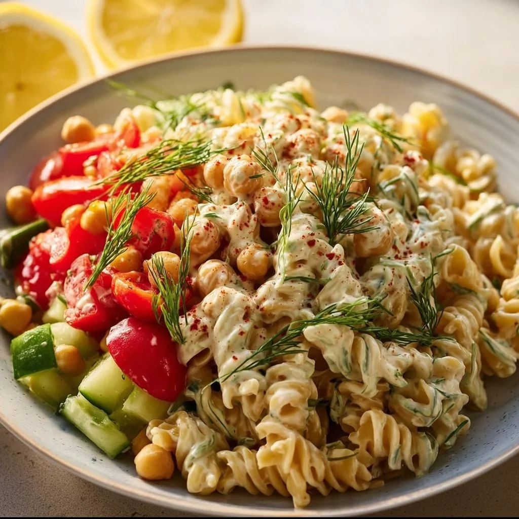 Chickpea pasta salad with creamy lemon tahini dressing in a bowl