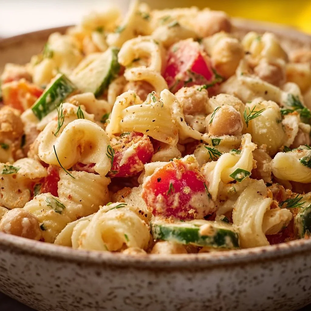 Chickpea Pasta Salad with Creamy Lemon Tahini Dressing