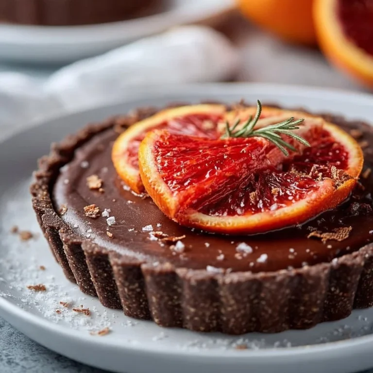 Delicious Chocolate Blood Orange Vegan Tart on a white plate.