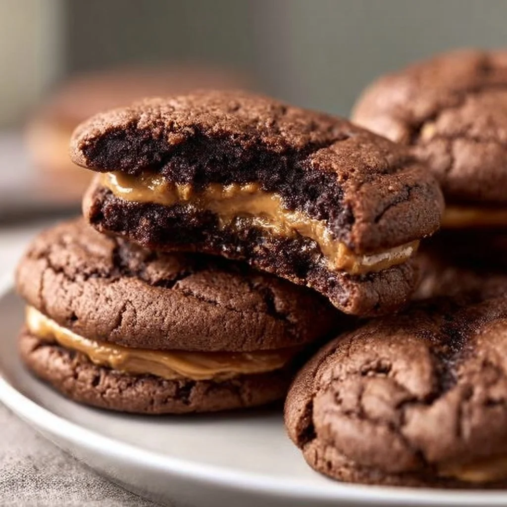 Decadent chocolate peanut butter stuffed cookies with gooey filling