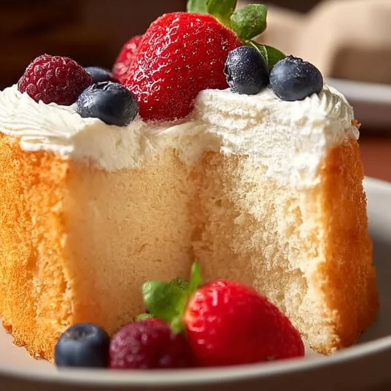 Classic vegan angel food cake topped with fresh berries on a white plate.