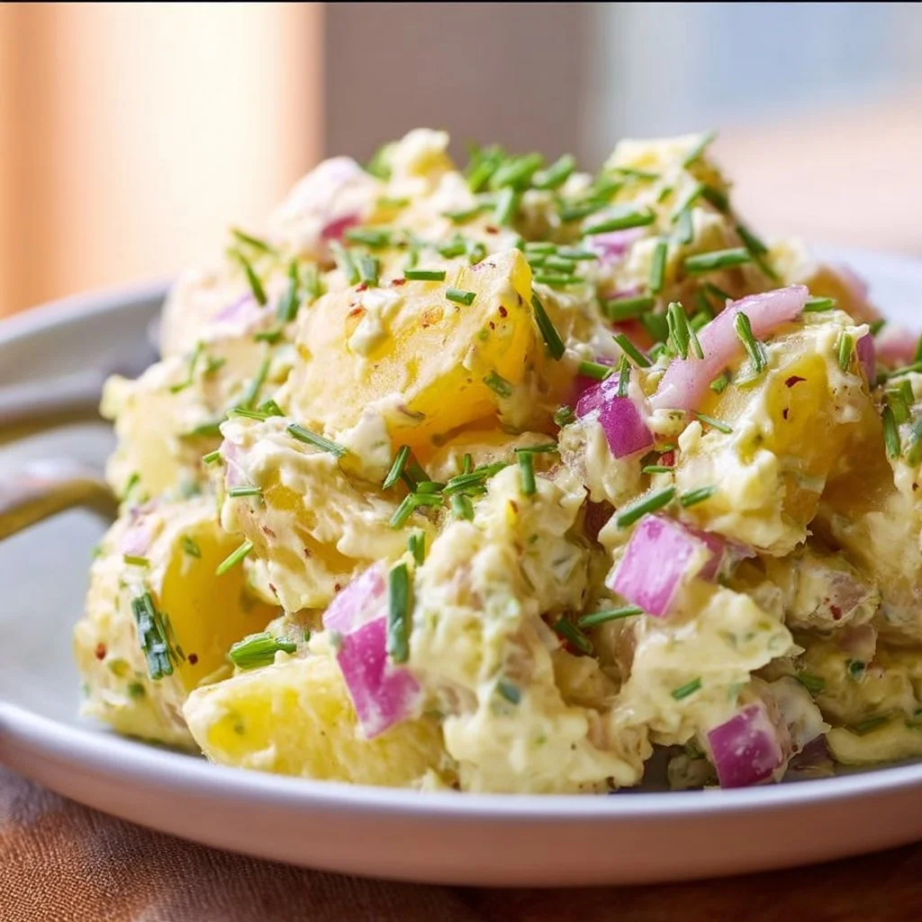Bowl of classic vegan potato salad with fresh herbs and colorful vegetables