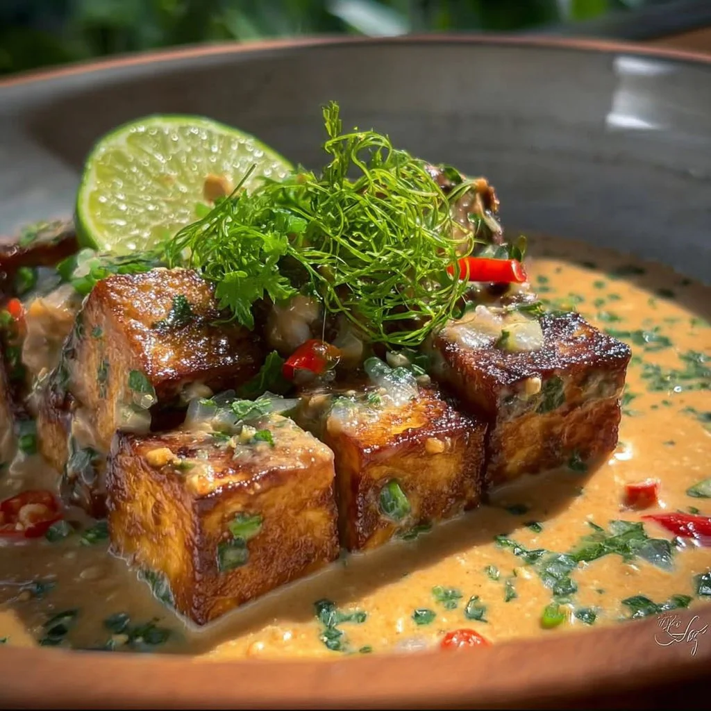 Delicious and colorful Coconut Lime Tofu dish served with fresh herbs and lime.