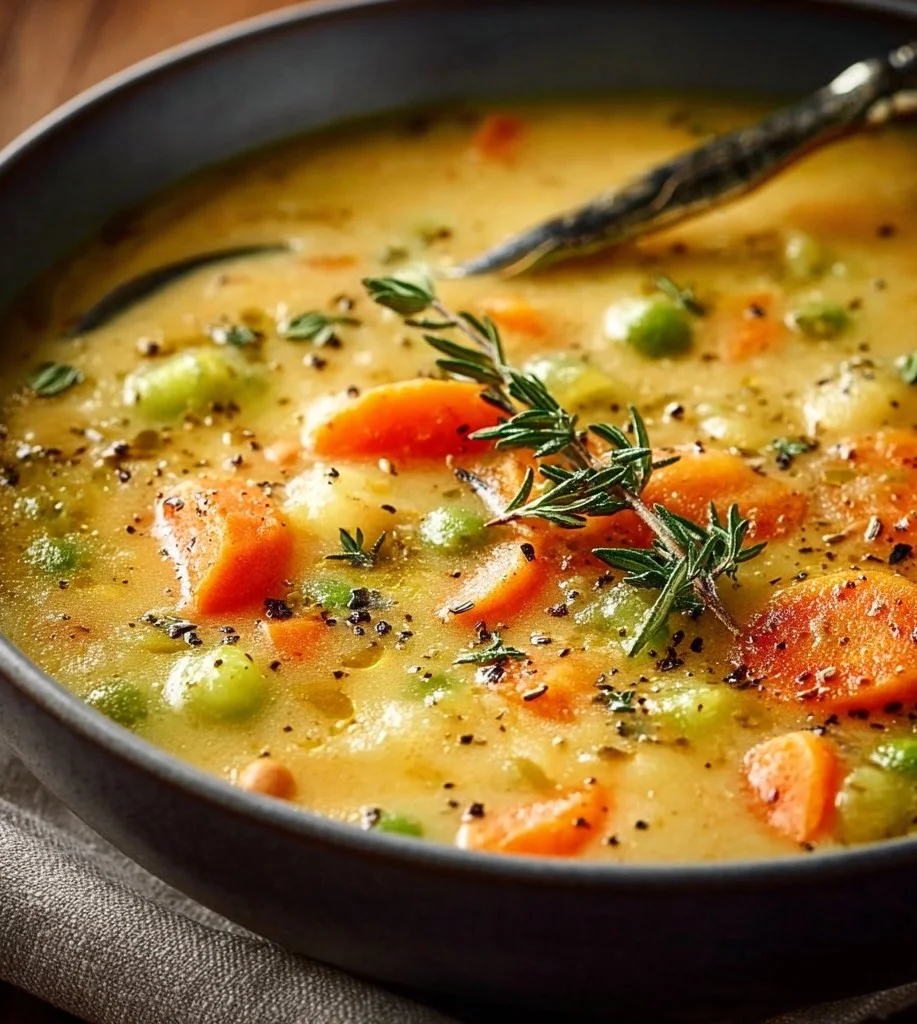 A comforting bowl of creamy vegetable soup with colorful veggies