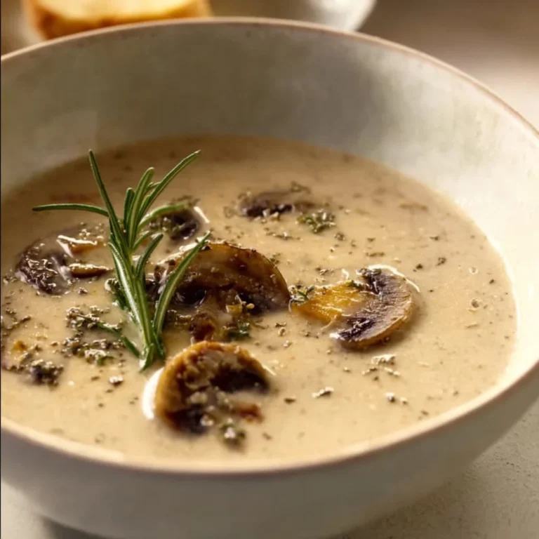 Bowl of creamy mushroom soup garnished with fresh rosemary.