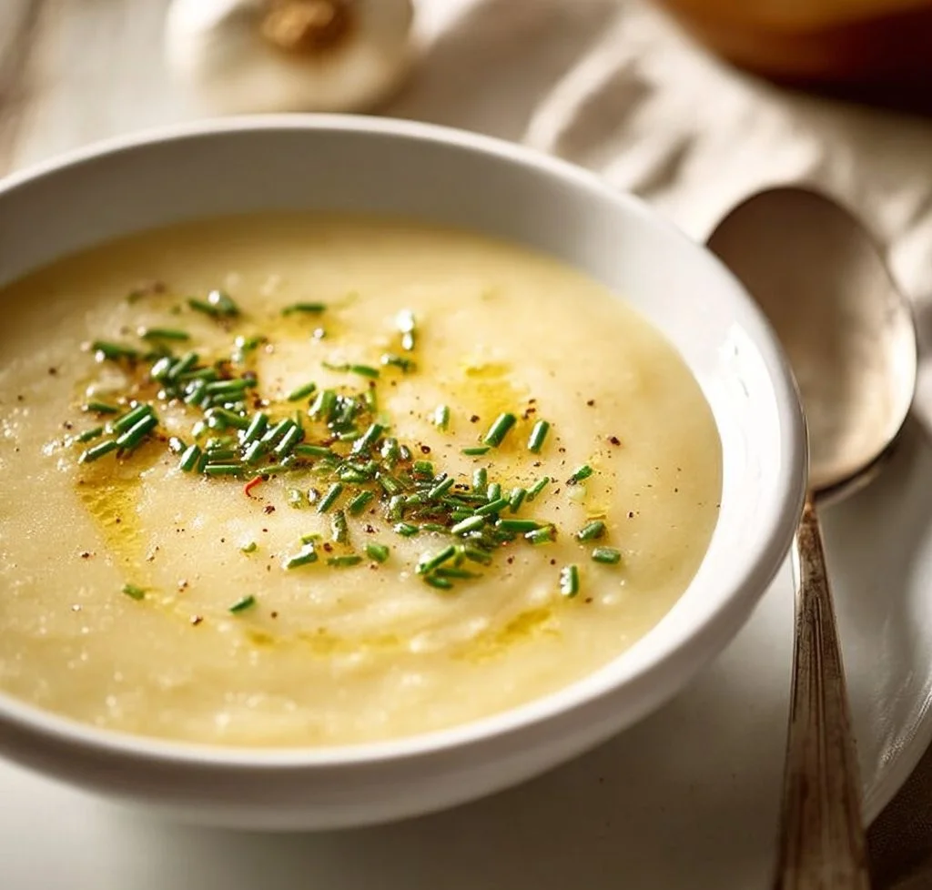 Bowl of creamy potato leek soup garnished with fresh herbs.