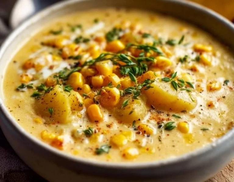Creamy vegan corn and potato soup in a bowl topped with fresh herbs