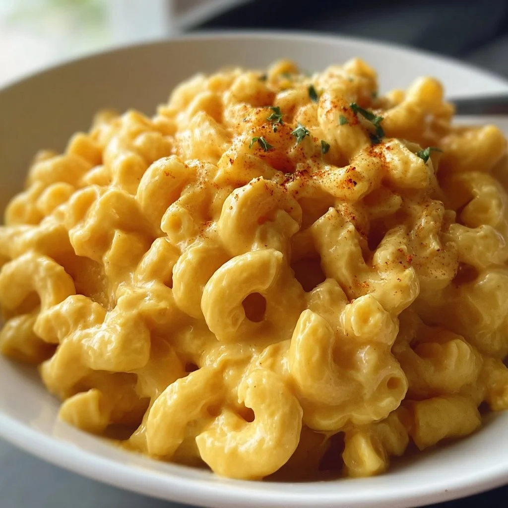 Bowl of creamy vegan mac and cheese made without cashews